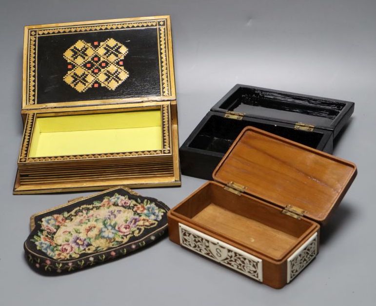 Three various boxes, a watercolour of a dog and a petit point purse